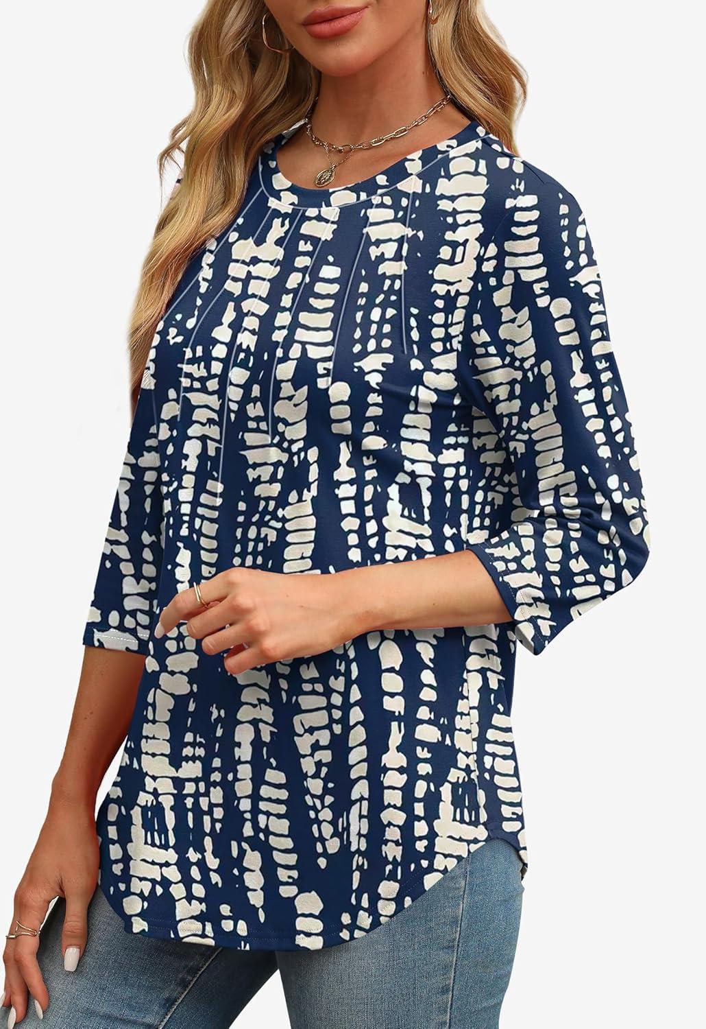 imageXIEERDUO 34 Length Sleeve Womens Tops Round Neck Casual Tunic Tops Basic Pleated Shirts Loose Fit 2025Patternednavy Printed