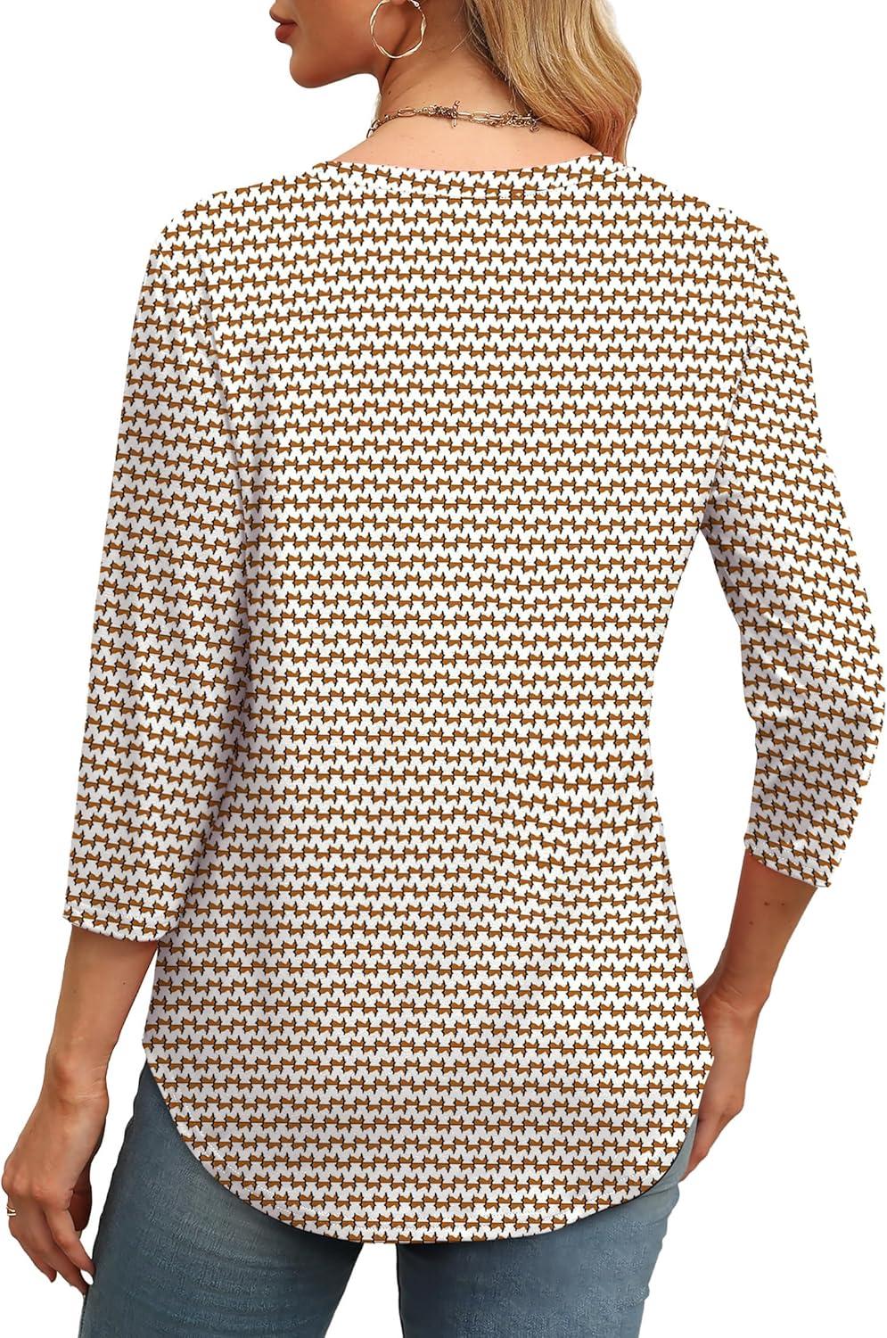 imageXIEERDUO 34 Length Sleeve Womens Tops Round Neck Casual Tunic Tops Basic Pleated Shirts Loose Fit 2025Patternedstripe