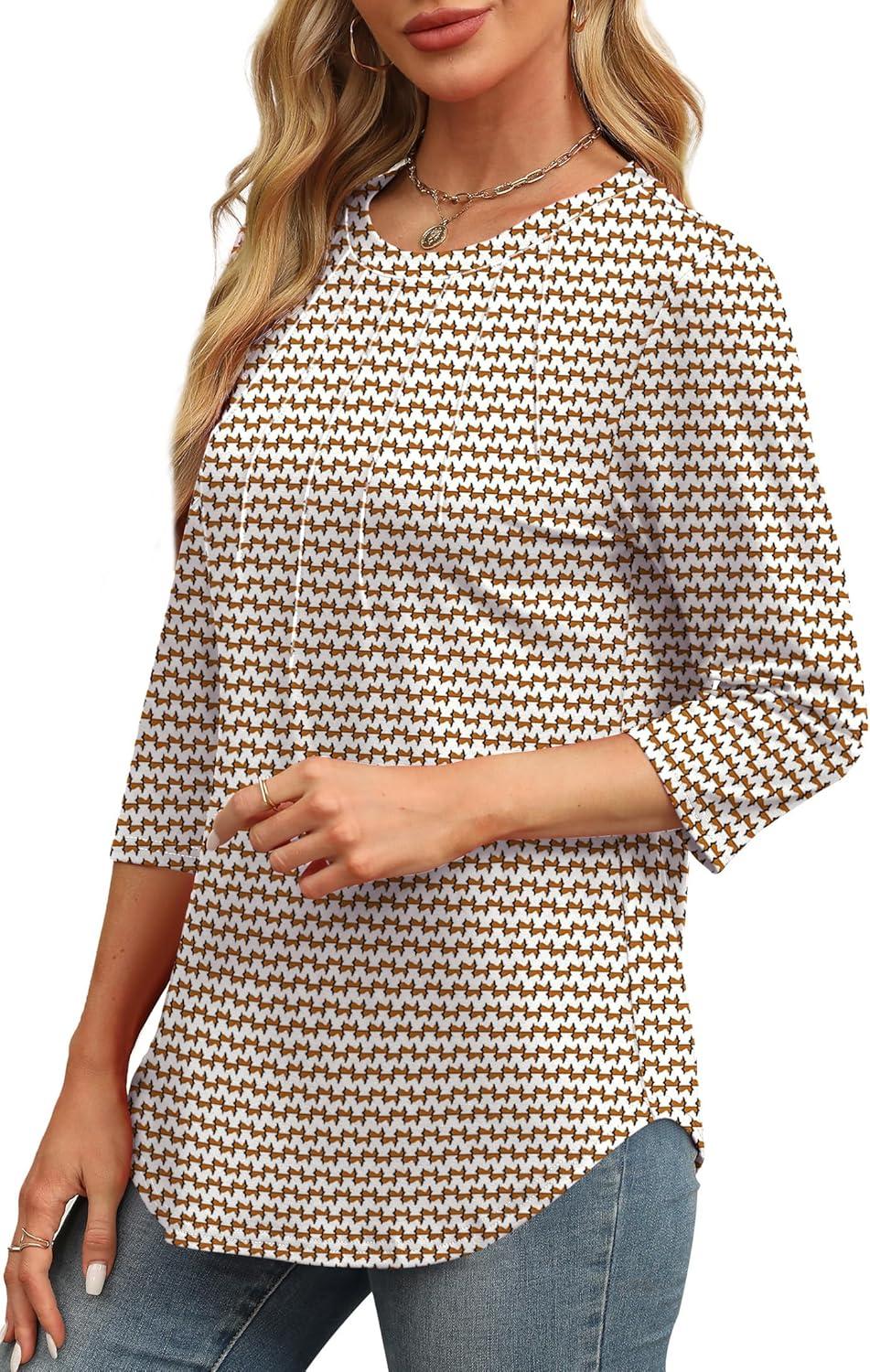 imageXIEERDUO 34 Length Sleeve Womens Tops Round Neck Casual Tunic Tops Basic Pleated Shirts Loose Fit 2025Patternedstripe