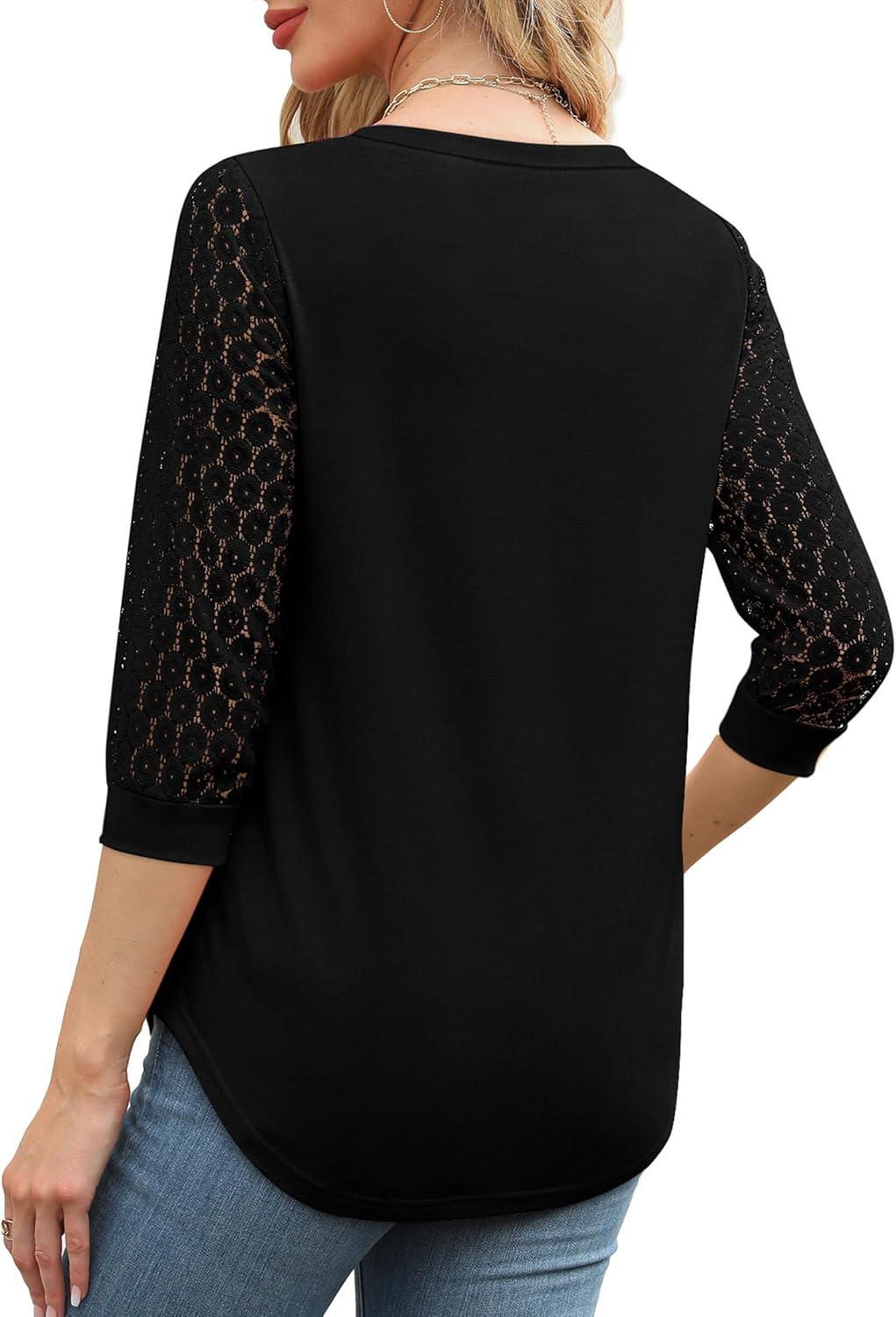 imageXIEERDUO 34 Length Sleeve Womens Tops VNeck Lace Tunic Tops Business Casual Blouses 2025Black
