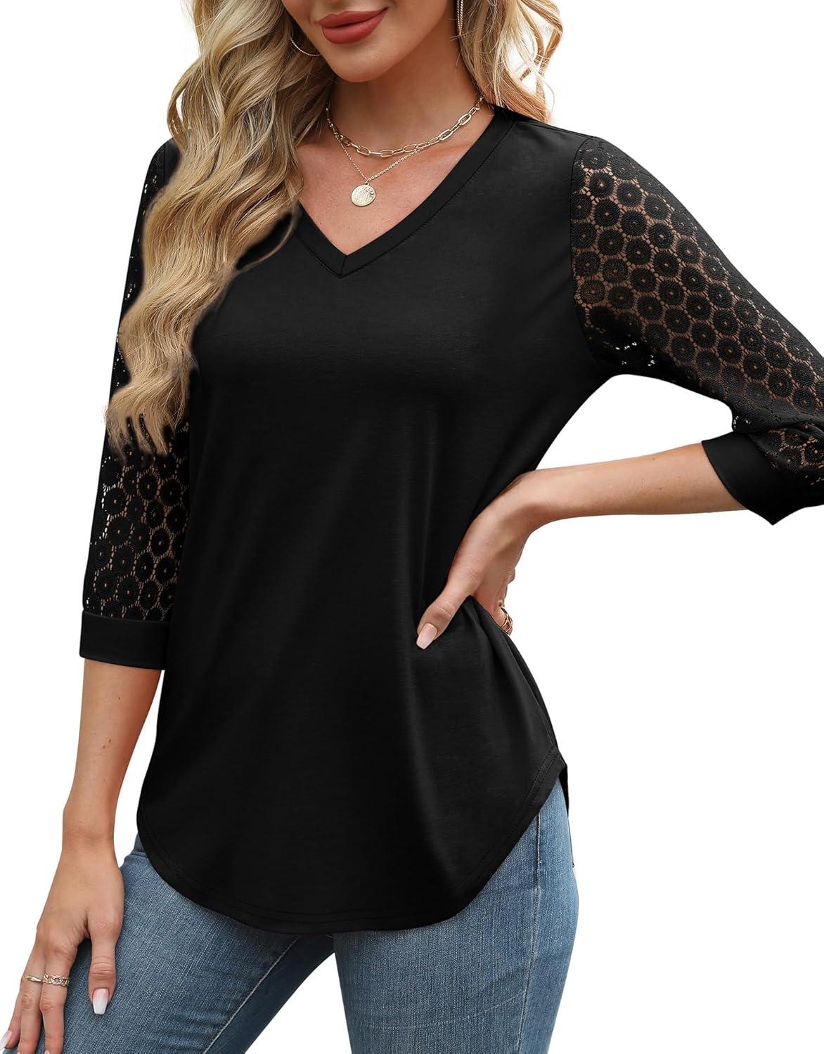 imageXIEERDUO 34 Length Sleeve Womens Tops VNeck Lace Tunic Tops Business Casual Blouses 2025Black