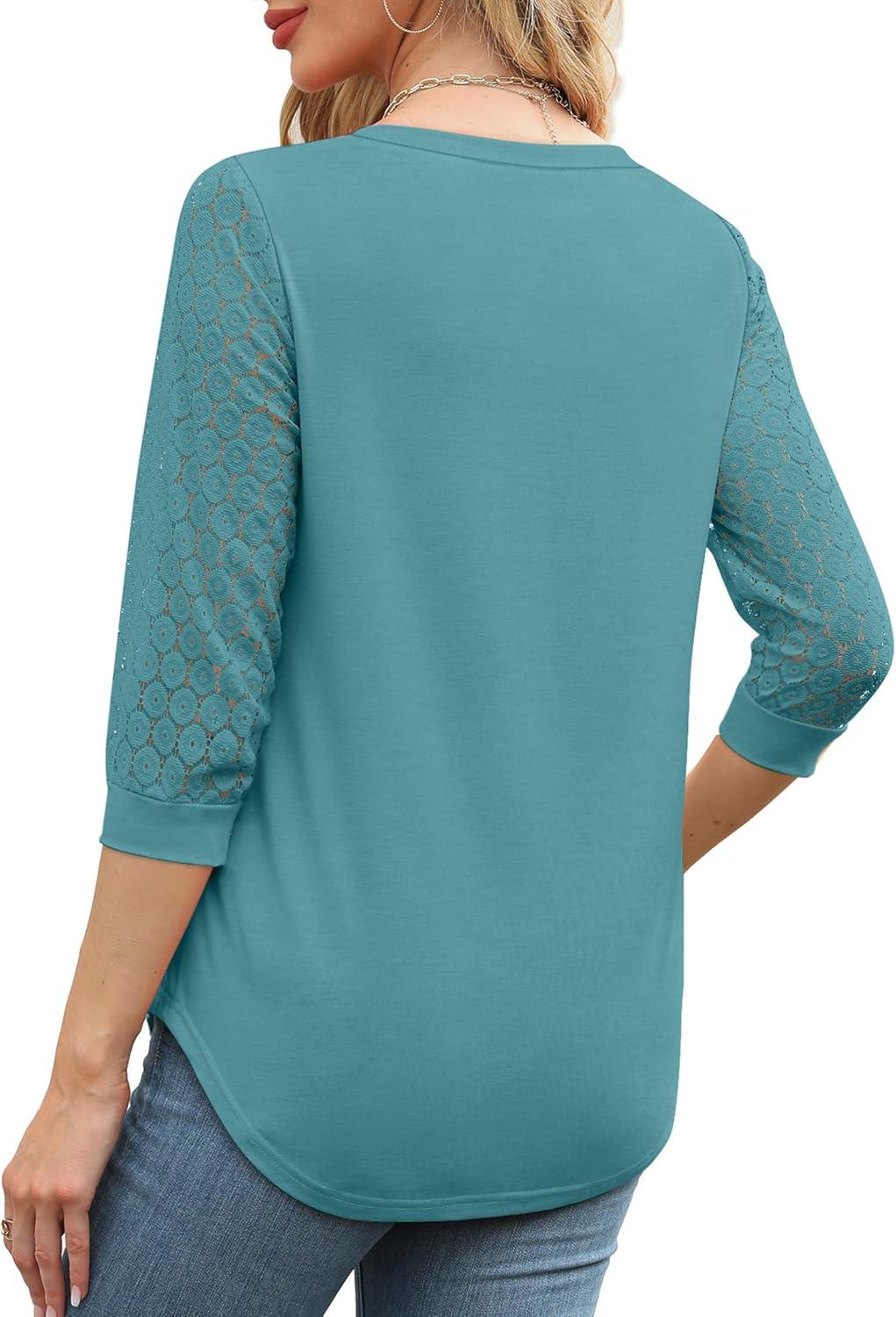 imageXIEERDUO 34 Length Sleeve Womens Tops VNeck Lace Tunic Tops Business Casual Blouses 2025Blue Green
