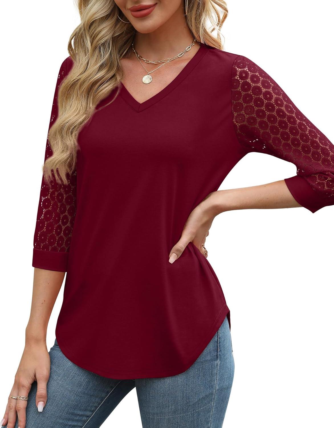 imageXIEERDUO 34 Length Sleeve Womens Tops VNeck Lace Tunic Tops Business Casual Blouses 2025Burgundy