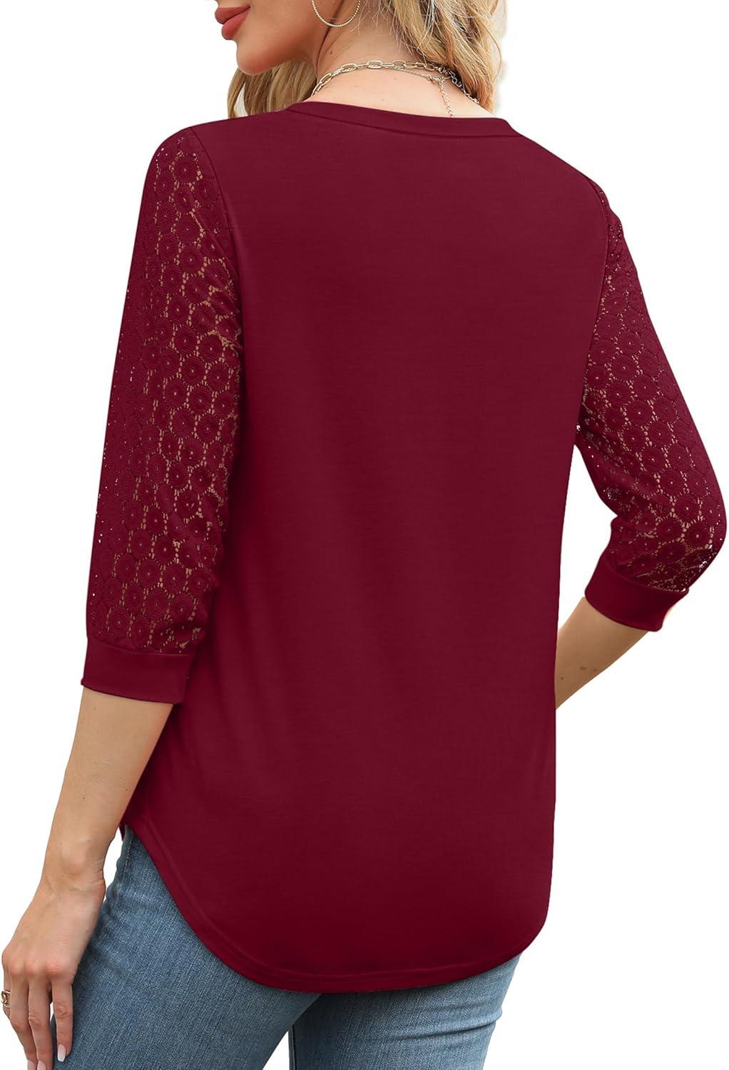 imageXIEERDUO 34 Length Sleeve Womens Tops VNeck Lace Tunic Tops Business Casual Blouses 2025Burgundy