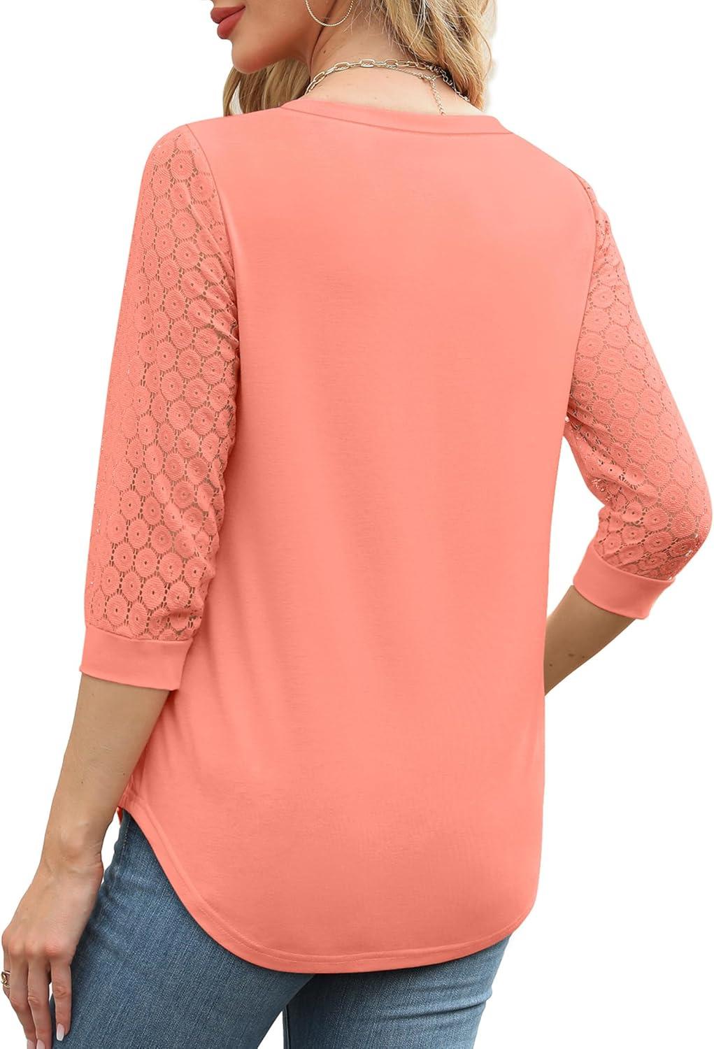 imageXIEERDUO 34 Length Sleeve Womens Tops VNeck Lace Tunic Tops Business Casual Blouses 2025Coral