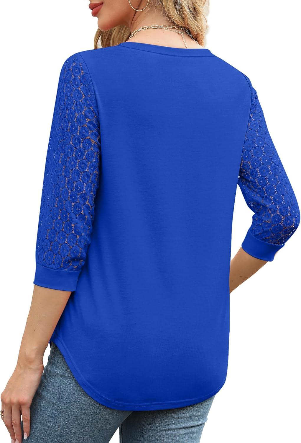 imageXIEERDUO 34 Length Sleeve Womens Tops VNeck Lace Tunic Tops Business Casual Blouses 2025Dark Blue