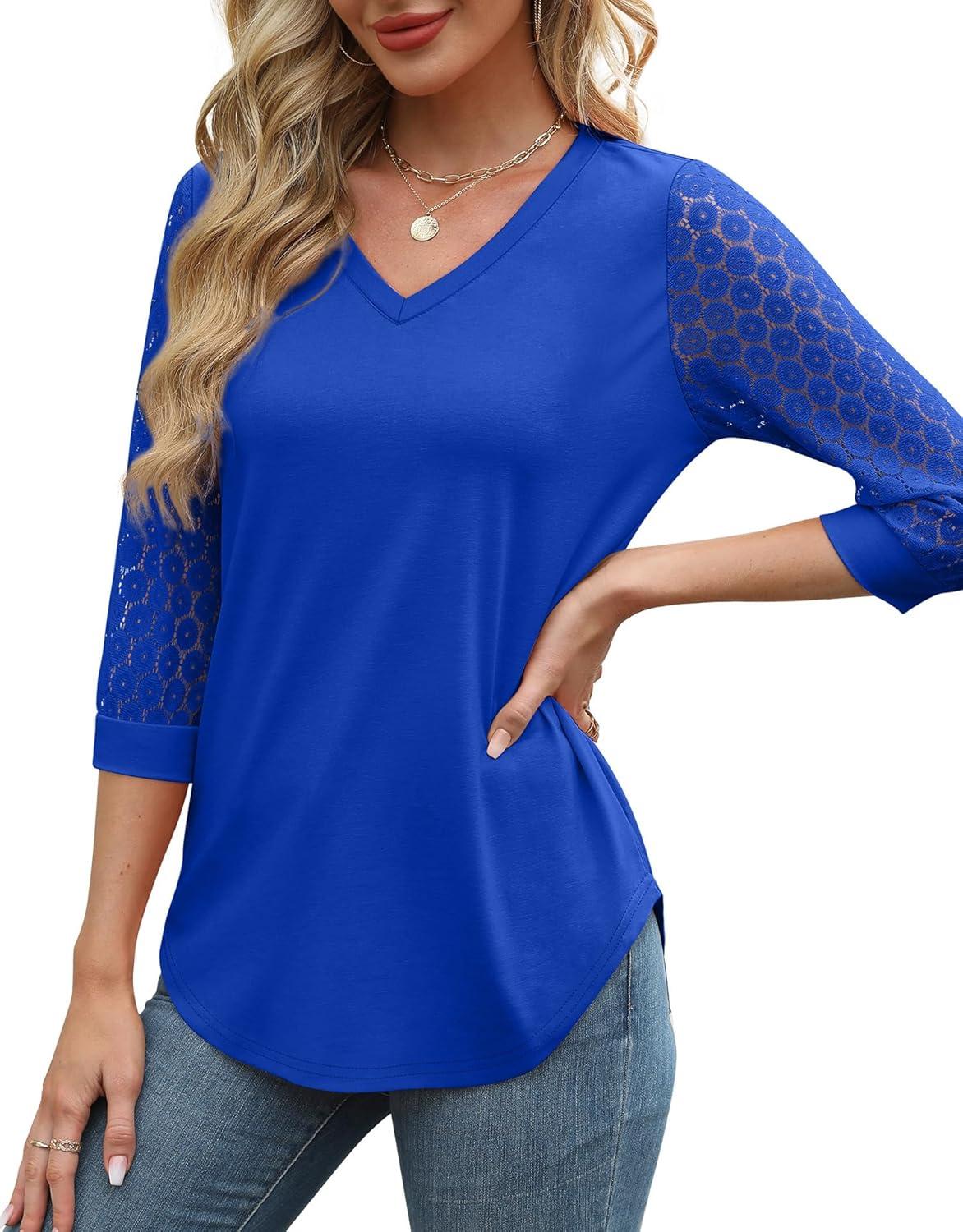 imageXIEERDUO 34 Length Sleeve Womens Tops VNeck Lace Tunic Tops Business Casual Blouses 2025Dark Blue