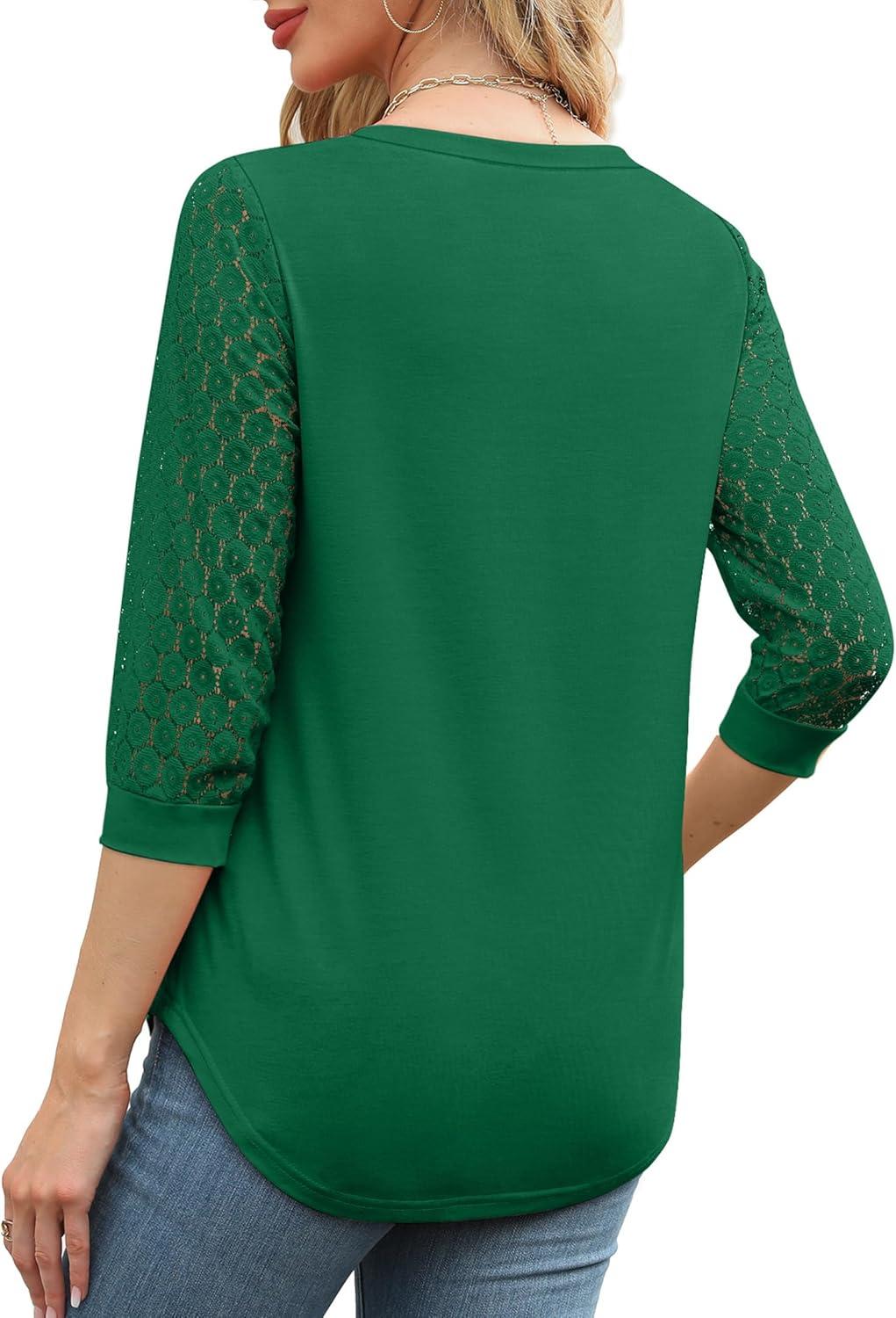imageXIEERDUO 34 Length Sleeve Womens Tops VNeck Lace Tunic Tops Business Casual Blouses 2025Green