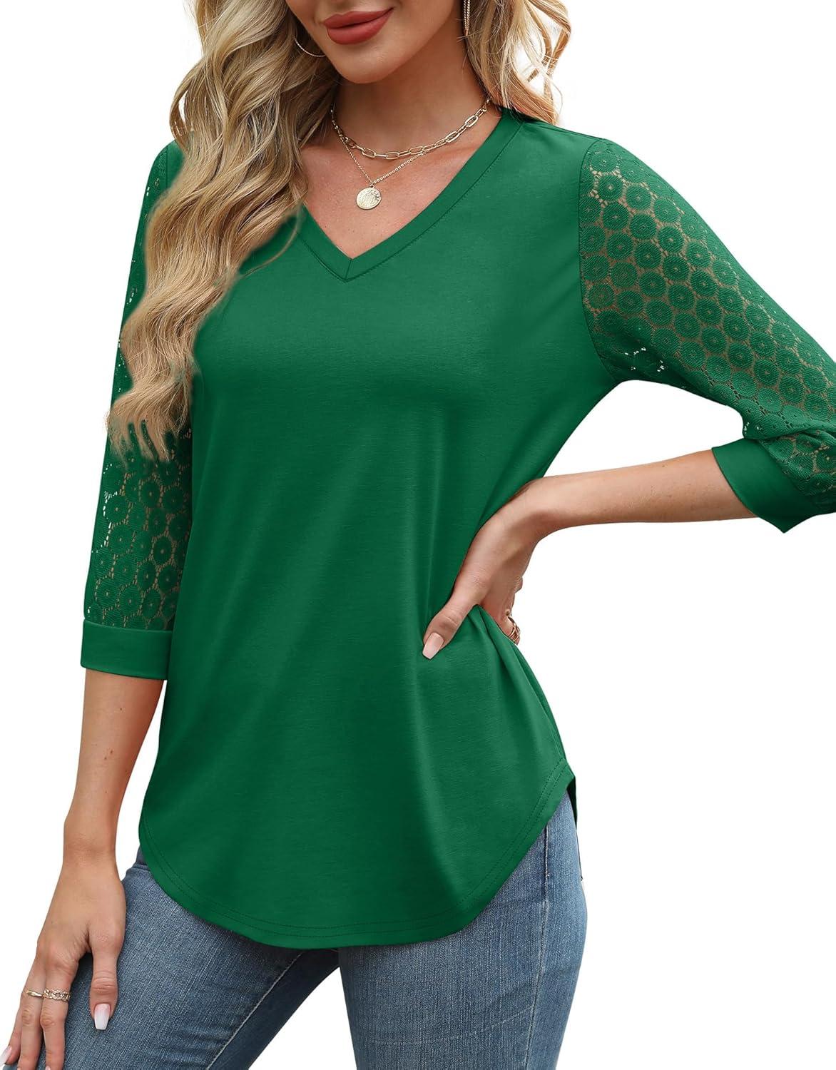 imageXIEERDUO 34 Length Sleeve Womens Tops VNeck Lace Tunic Tops Business Casual Blouses 2025Green