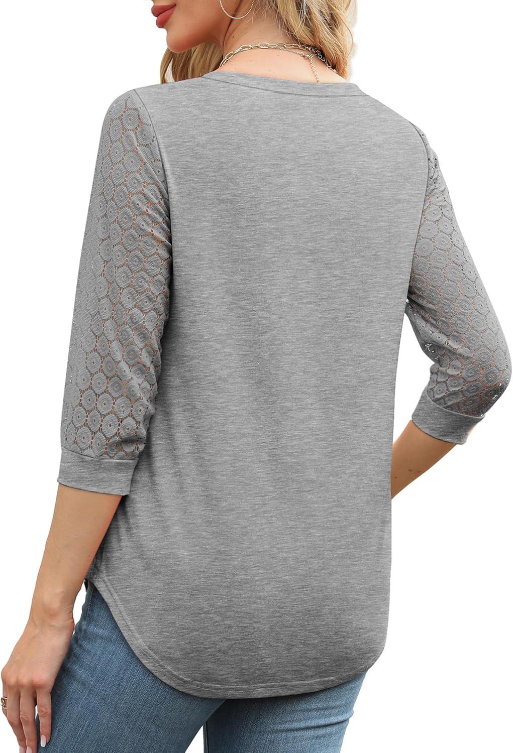 imageXIEERDUO 34 Length Sleeve Womens Tops VNeck Lace Tunic Tops Business Casual Blouses 2025Grey