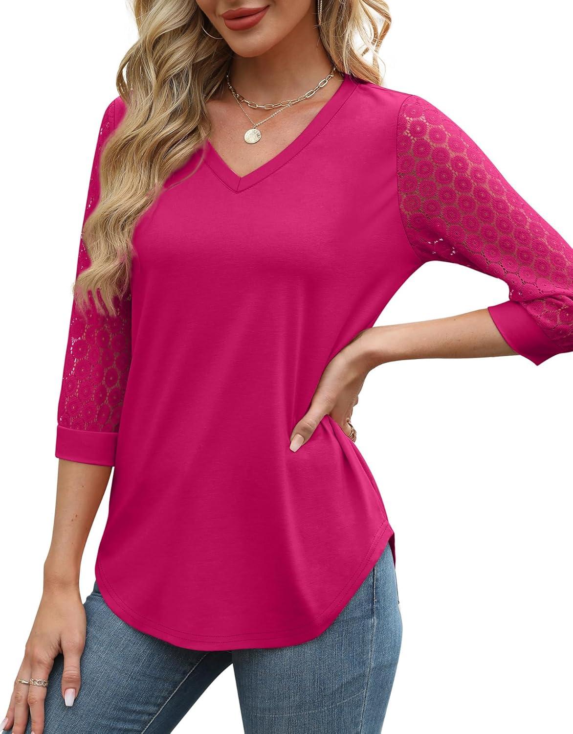 imageXIEERDUO 34 Length Sleeve Womens Tops VNeck Lace Tunic Tops Business Casual Blouses 2025Hot Pink