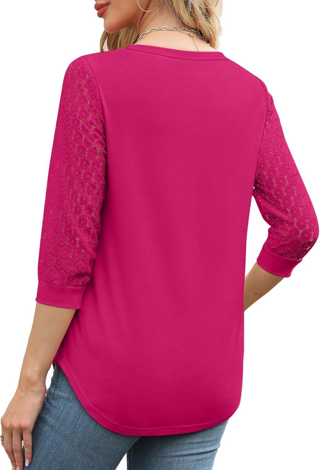 imageXIEERDUO 34 Length Sleeve Womens Tops VNeck Lace Tunic Tops Business Casual Blouses 2025Hot Pink