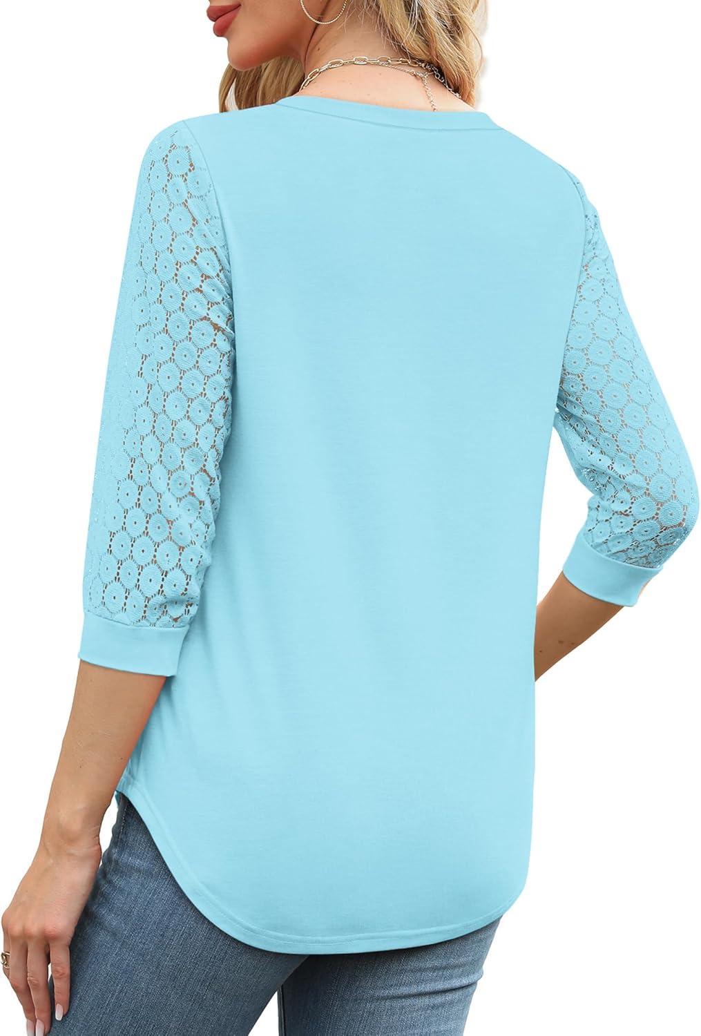 imageXIEERDUO 34 Length Sleeve Womens Tops VNeck Lace Tunic Tops Business Casual Blouses 2025Light Blue