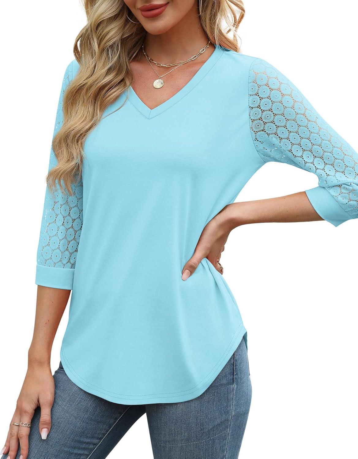 imageXIEERDUO 34 Length Sleeve Womens Tops VNeck Lace Tunic Tops Business Casual Blouses 2025Light Blue