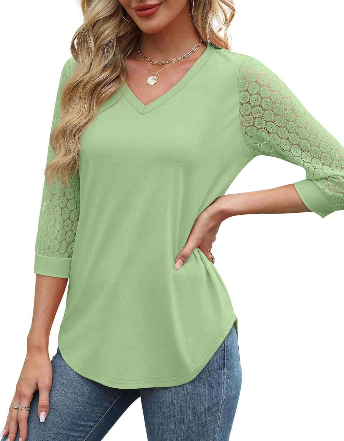 imageXIEERDUO 34 Length Sleeve Womens Tops VNeck Lace Tunic Tops Business Casual Blouses 2025Light Green