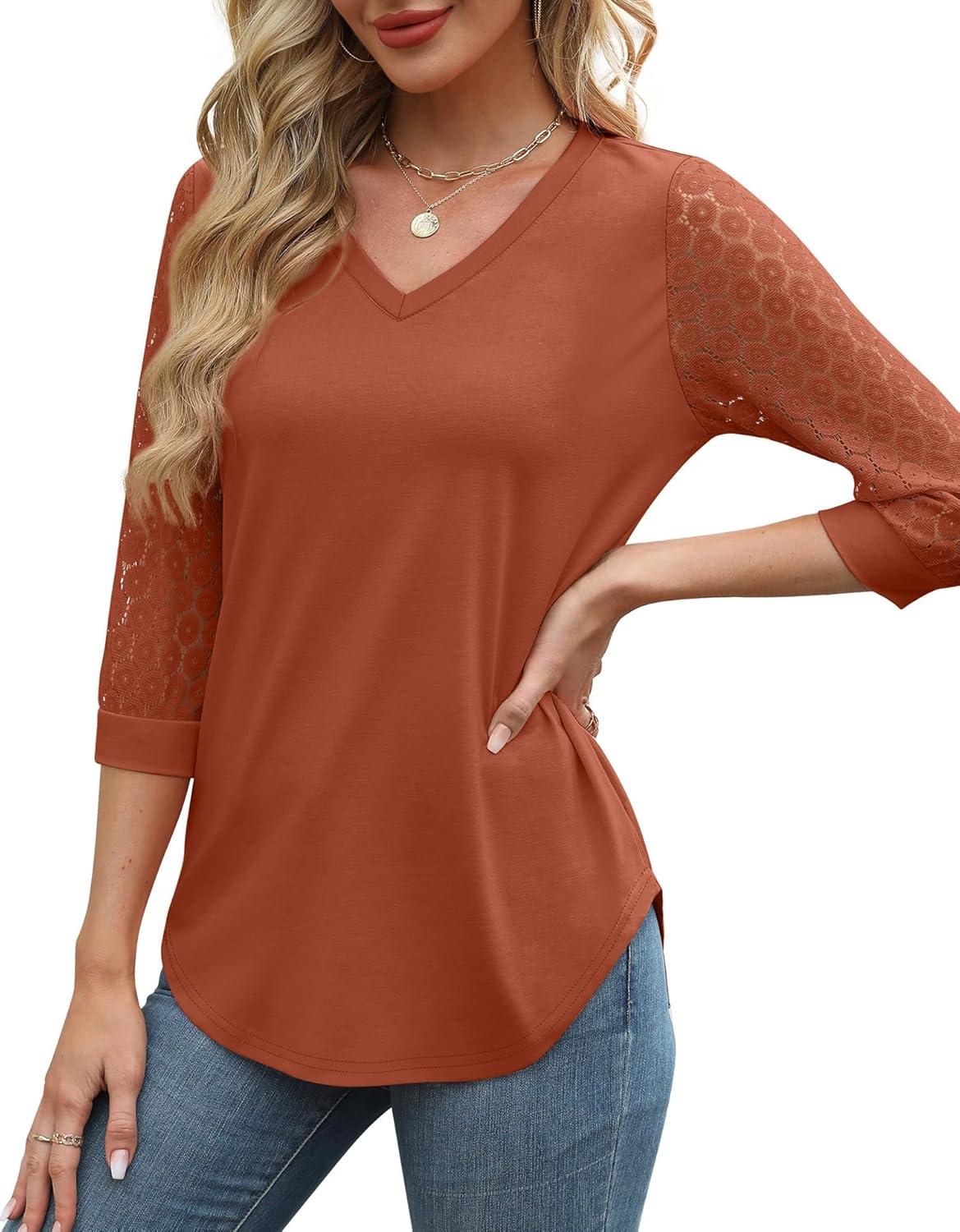 imageXIEERDUO 34 Length Sleeve Womens Tops VNeck Lace Tunic Tops Business Casual Blouses 2025Maple
