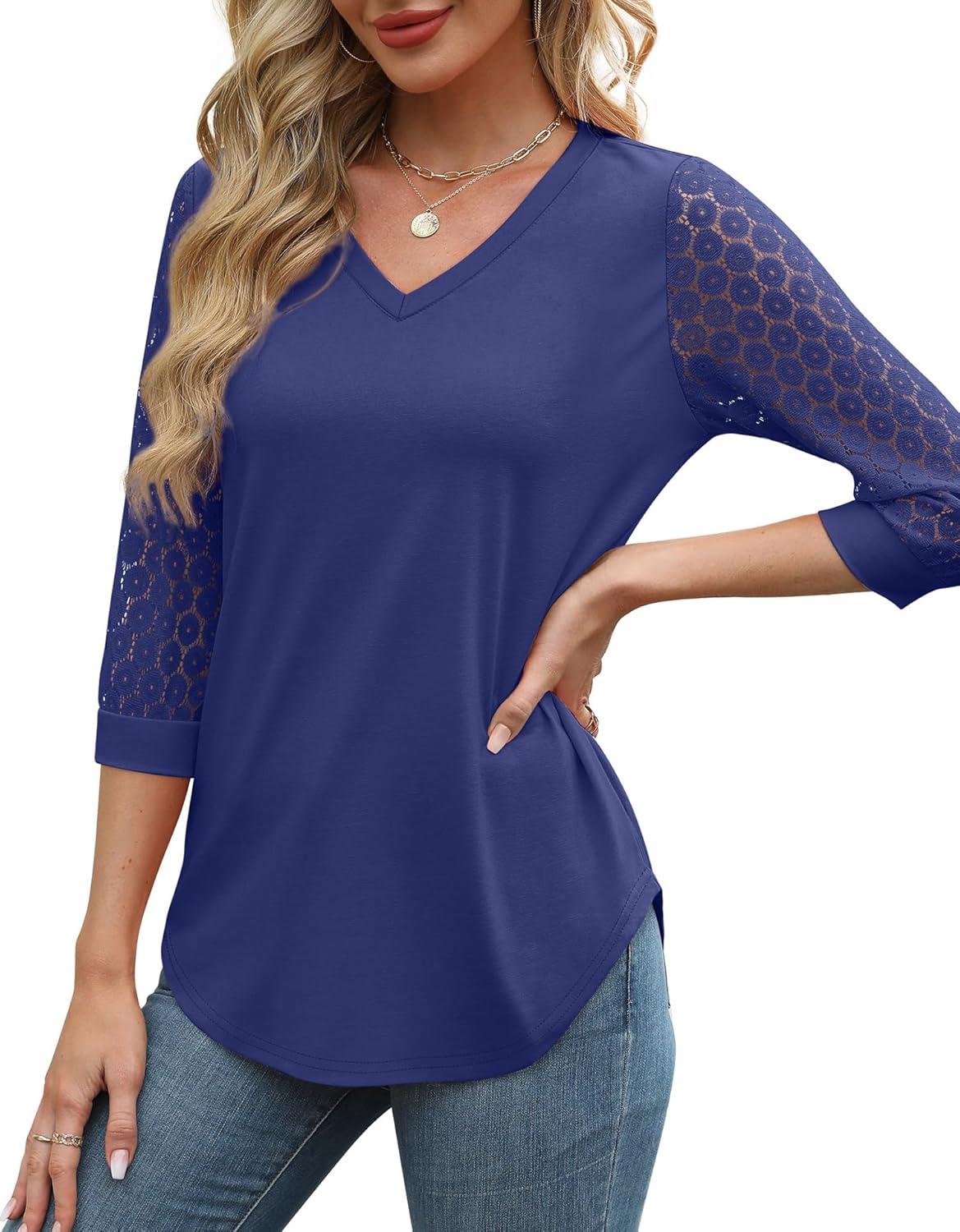 imageXIEERDUO 34 Length Sleeve Womens Tops VNeck Lace Tunic Tops Business Casual Blouses 2025Navy Blue