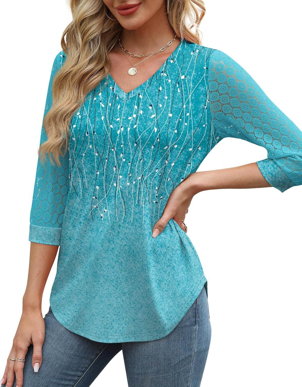 imageXIEERDUO 34 Length Sleeve Womens Tops VNeck Lace Tunic Tops Business Casual Blouses 2025Patternedblue Ombre