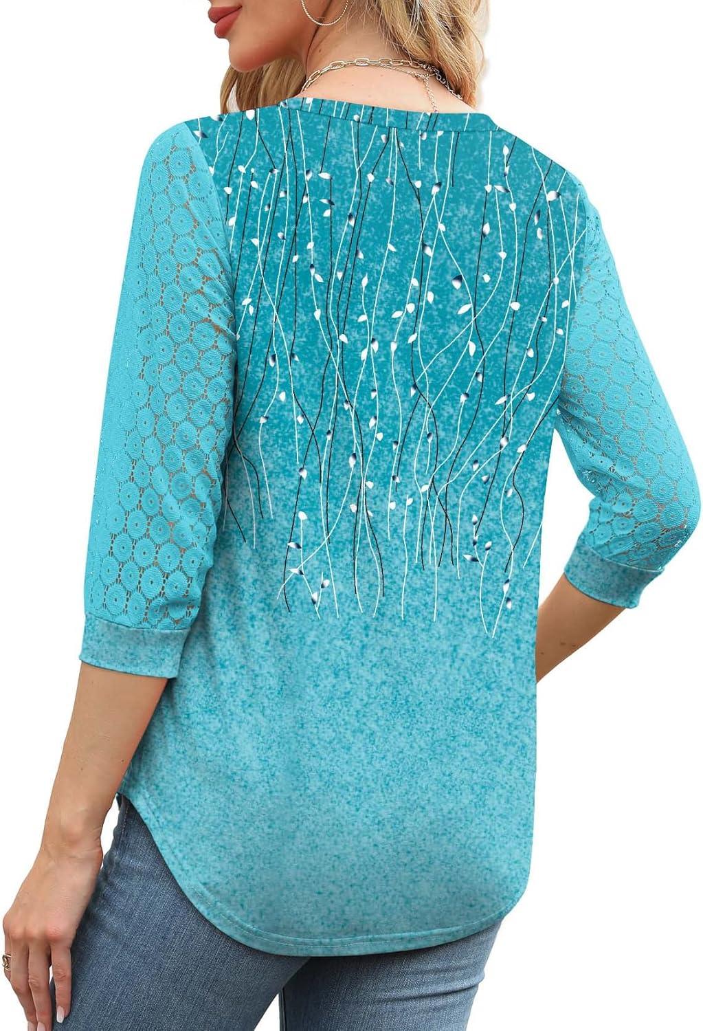 imageXIEERDUO 34 Length Sleeve Womens Tops VNeck Lace Tunic Tops Business Casual Blouses 2025Patternedblue Ombre
