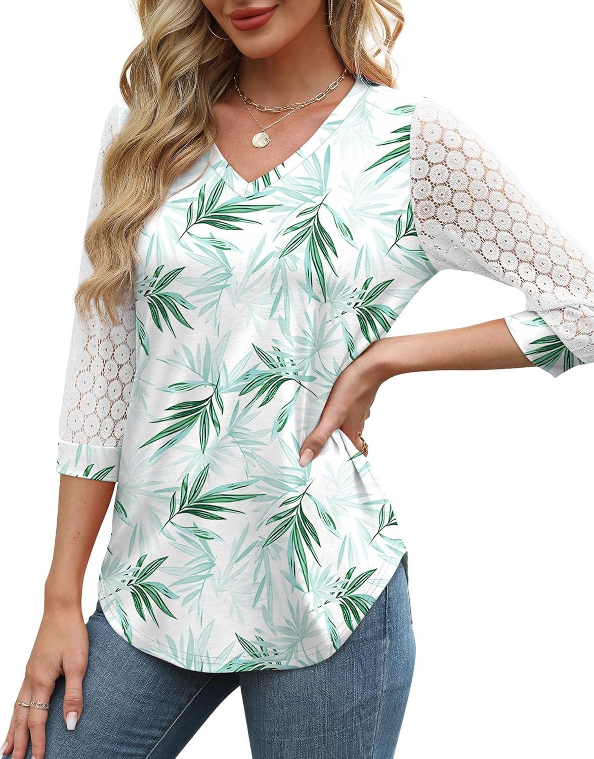 imageXIEERDUO 34 Length Sleeve Womens Tops VNeck Lace Tunic Tops Business Casual Blouses 2025Patternedboho Leaf