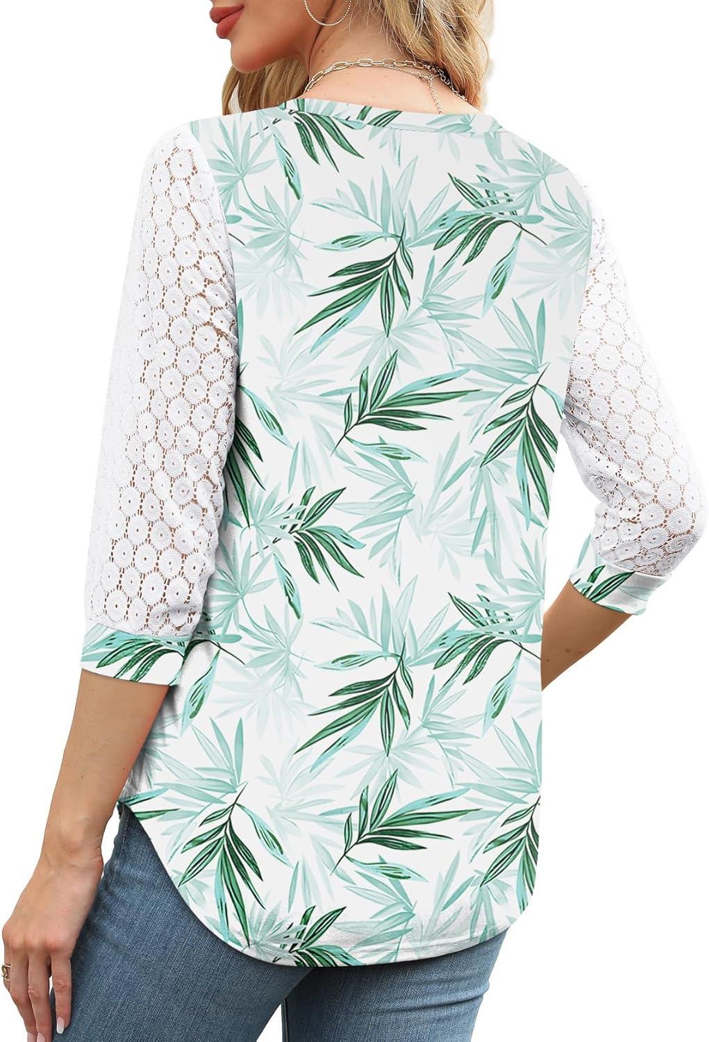 imageXIEERDUO 34 Length Sleeve Womens Tops VNeck Lace Tunic Tops Business Casual Blouses 2025Patternedboho Leaf