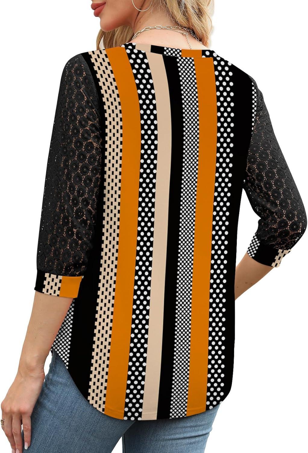 imageXIEERDUO 34 Length Sleeve Womens Tops VNeck Lace Tunic Tops Business Casual Blouses 2025Patternedkhaki Stripe