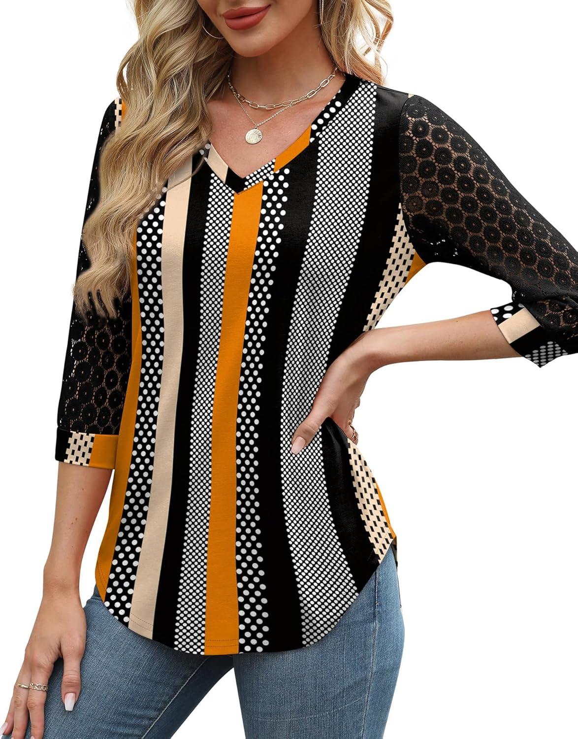 imageXIEERDUO 34 Length Sleeve Womens Tops VNeck Lace Tunic Tops Business Casual Blouses 2025Patternedkhaki Stripe
