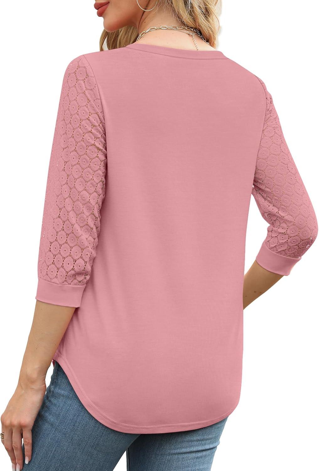 imageXIEERDUO 34 Length Sleeve Womens Tops VNeck Lace Tunic Tops Business Casual Blouses 2025Pink