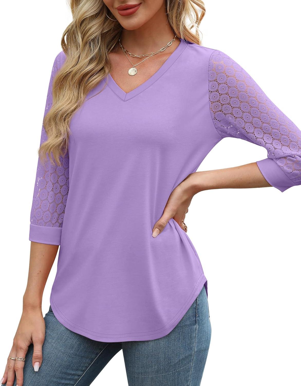 imageXIEERDUO 34 Length Sleeve Womens Tops VNeck Lace Tunic Tops Business Casual Blouses 2025Purple