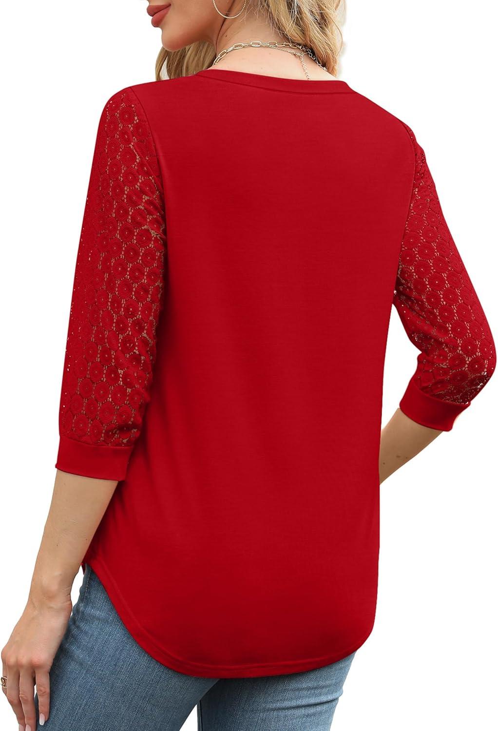 imageXIEERDUO 34 Length Sleeve Womens Tops VNeck Lace Tunic Tops Business Casual Blouses 2025Red