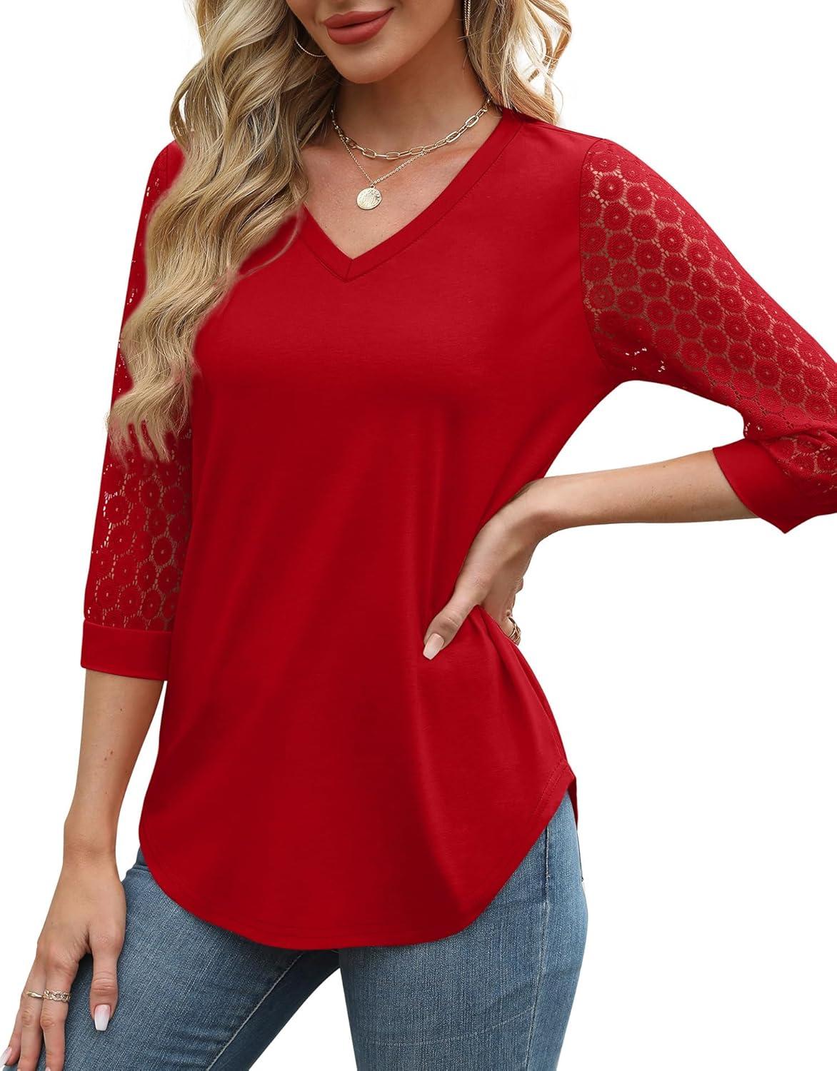 imageXIEERDUO 34 Length Sleeve Womens Tops VNeck Lace Tunic Tops Business Casual Blouses 2025Red