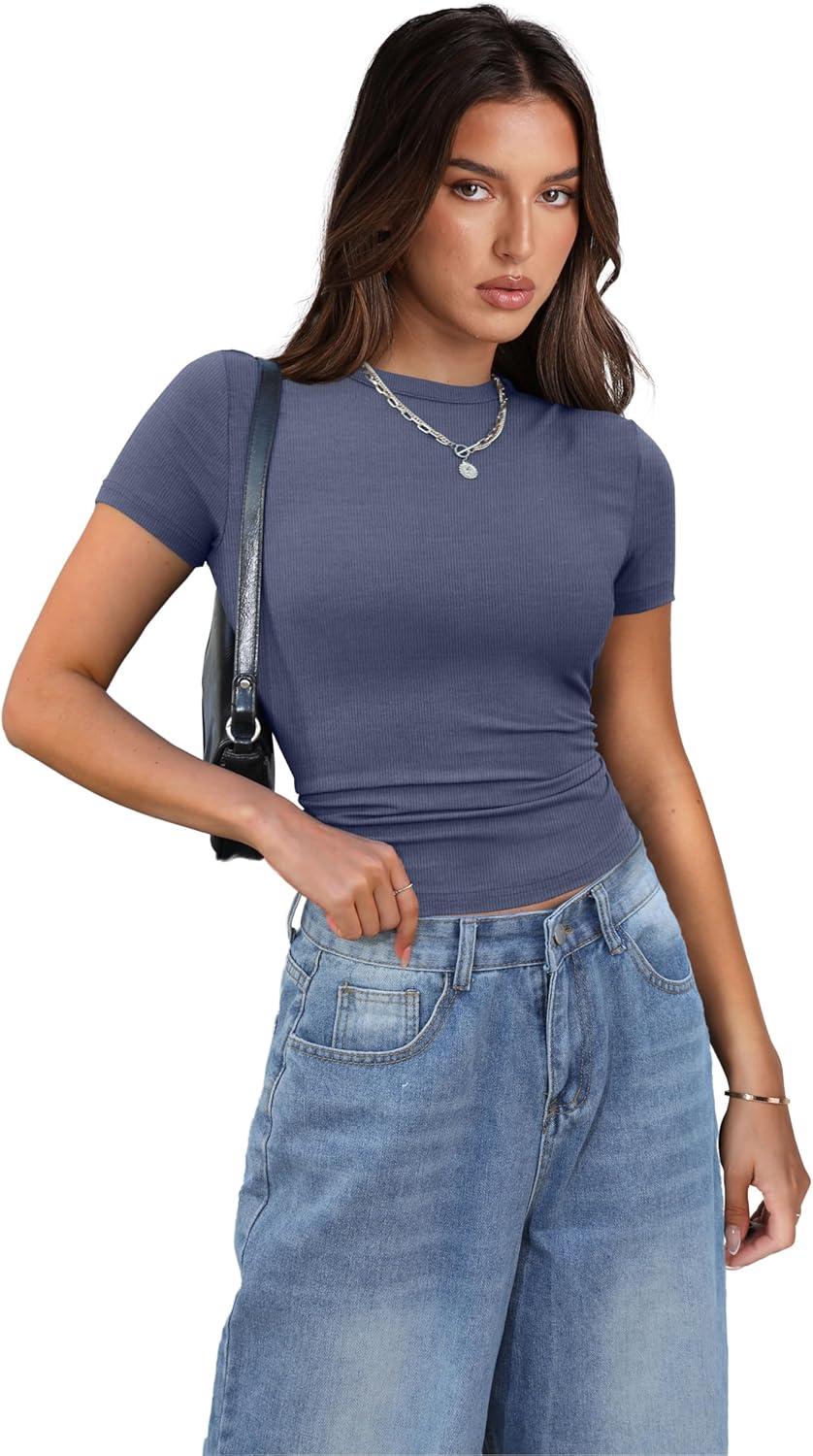 imageXIEERDUO Basic Tops for Women Short Sleeve Baby Tees 23 Pack Crew Neck T Shirts Slim Fit Tees2 Pack BlackBlue