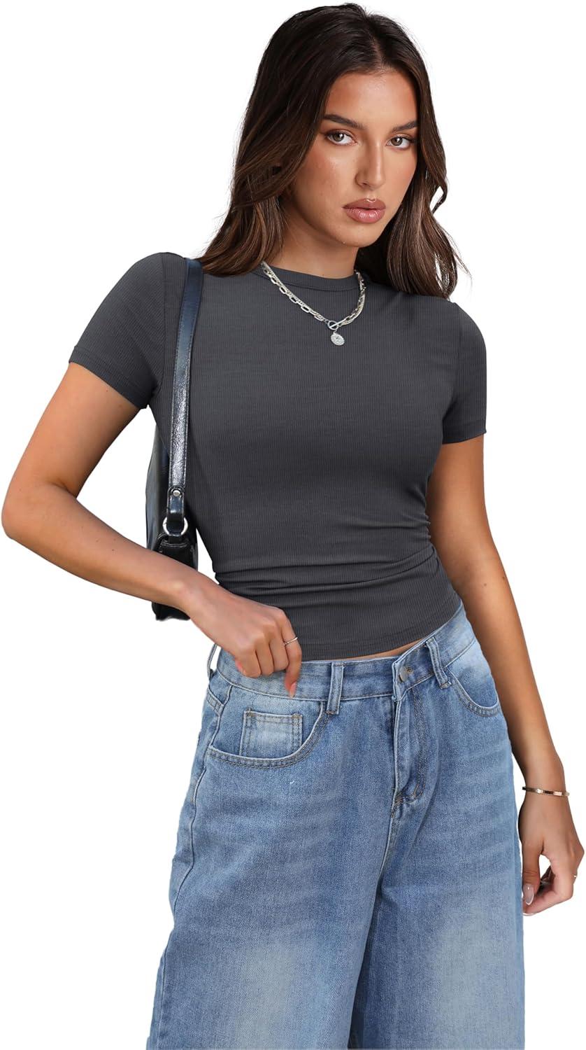 imageXIEERDUO Basic Tops for Women Short Sleeve Baby Tees 23 Pack Crew Neck T Shirts Slim Fit Tees3 Pack BlackGreyBlue