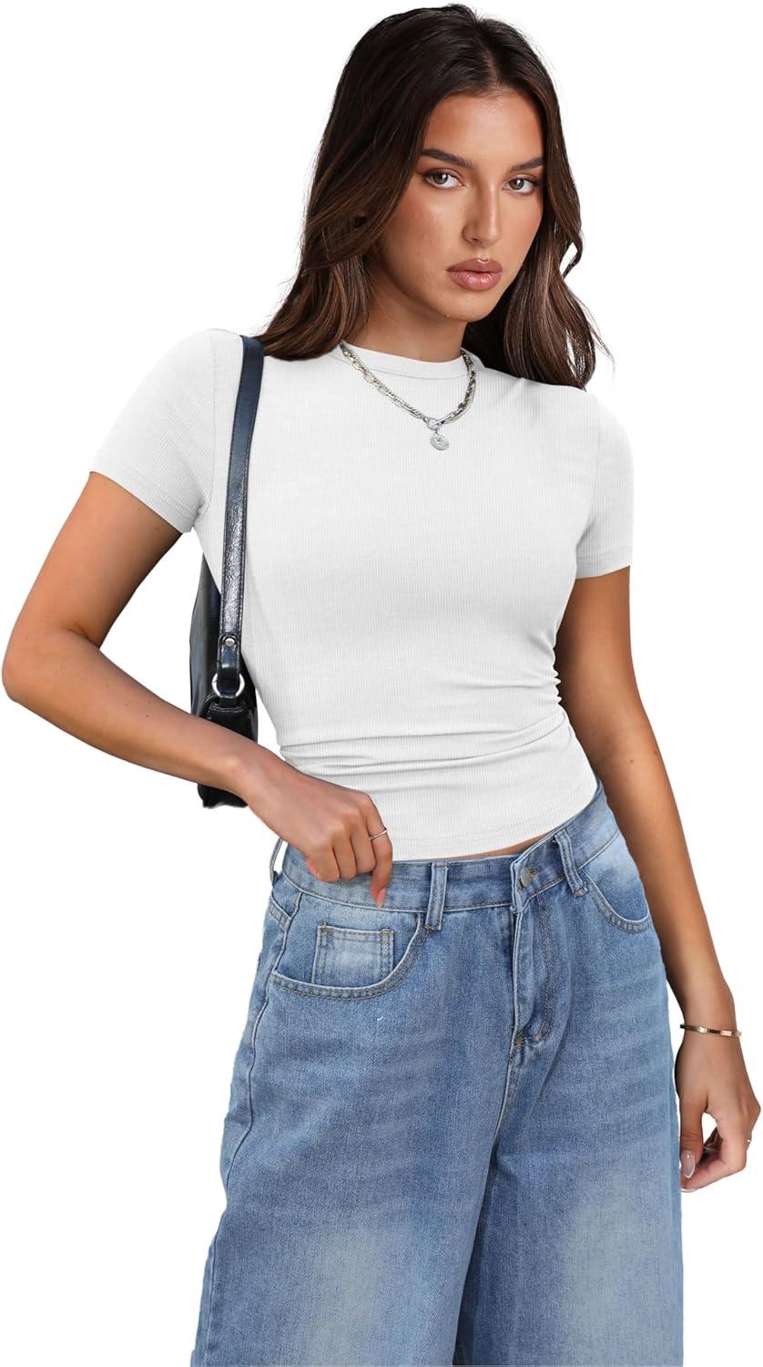 imageXIEERDUO Basic Tops for Women Short Sleeve Baby Tees 23 Pack Crew Neck T Shirts Slim Fit Tees3 Pack BlackWhiteApricot