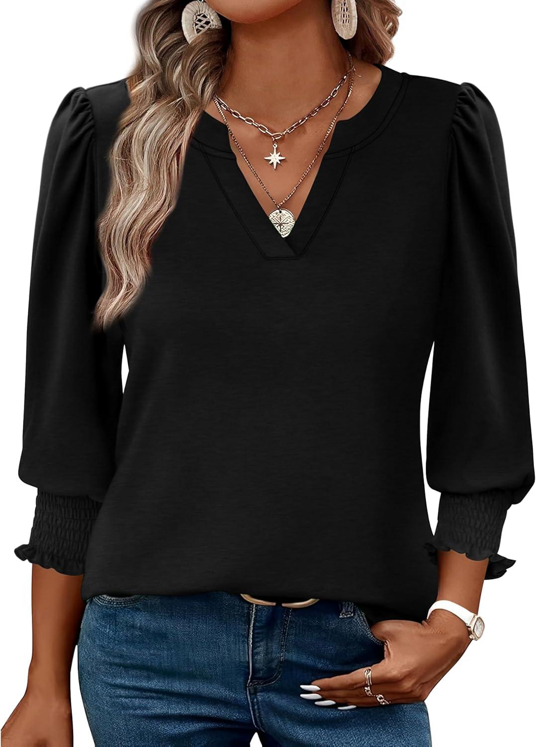 imageXIEERDUO Blouses for Women Dressy Casual 34 Length Sleeve Womens Tops V Neck T Shirts with Smocked CuffsAblack