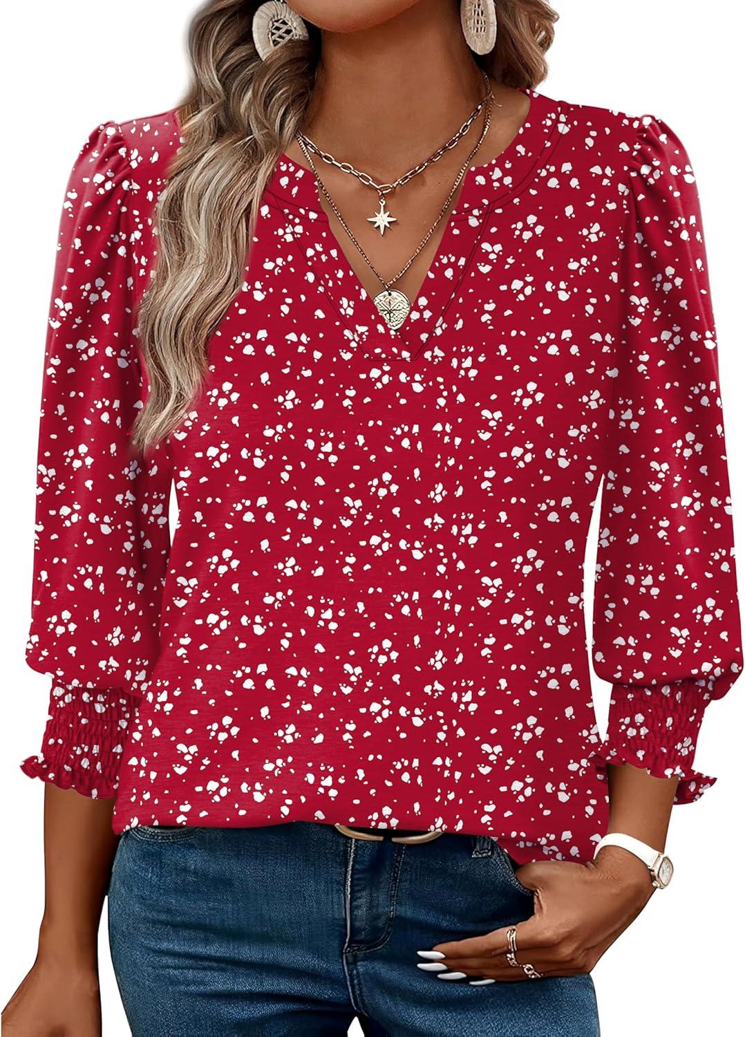 imageXIEERDUO Blouses for Women Dressy Casual 34 Length Sleeve Womens Tops V Neck T Shirts with Smocked CuffsGred Dots