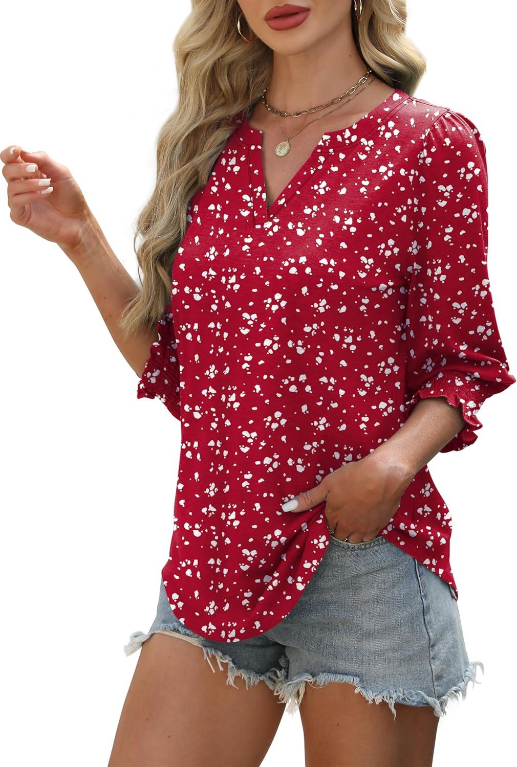 imageXIEERDUO Blouses for Women Dressy Casual 34 Length Sleeve Womens Tops V Neck T Shirts with Smocked CuffsGred Dots