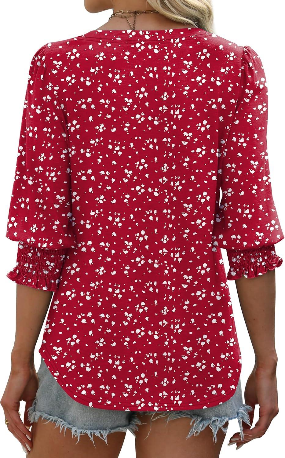 imageXIEERDUO Blouses for Women Dressy Casual 34 Length Sleeve Womens Tops V Neck T Shirts with Smocked CuffsGred Dots