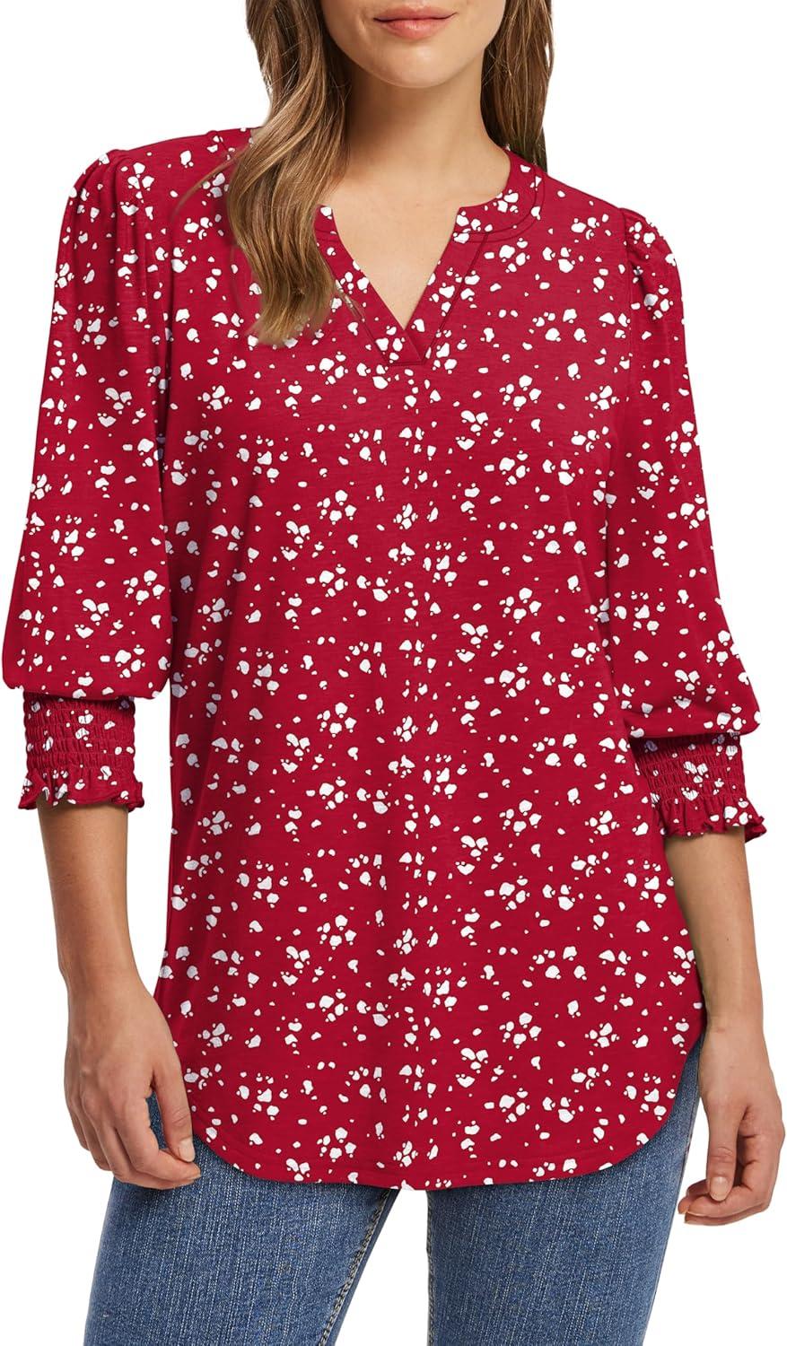 imageXIEERDUO Blouses for Women Dressy Casual 34 Length Sleeve Womens Tops V Neck T Shirts with Smocked CuffsGred Dots