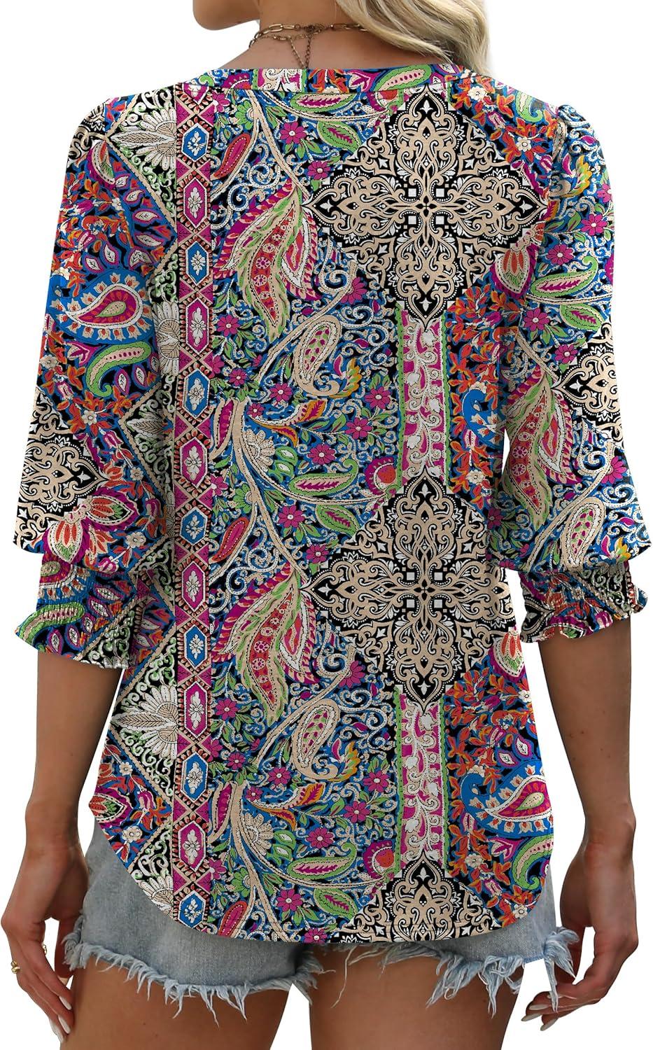 imageXIEERDUO Blouses for Women Dressy Casual 34 Length Sleeve Womens Tops V Neck T Shirts with Smocked CuffsIblue Red Pattern