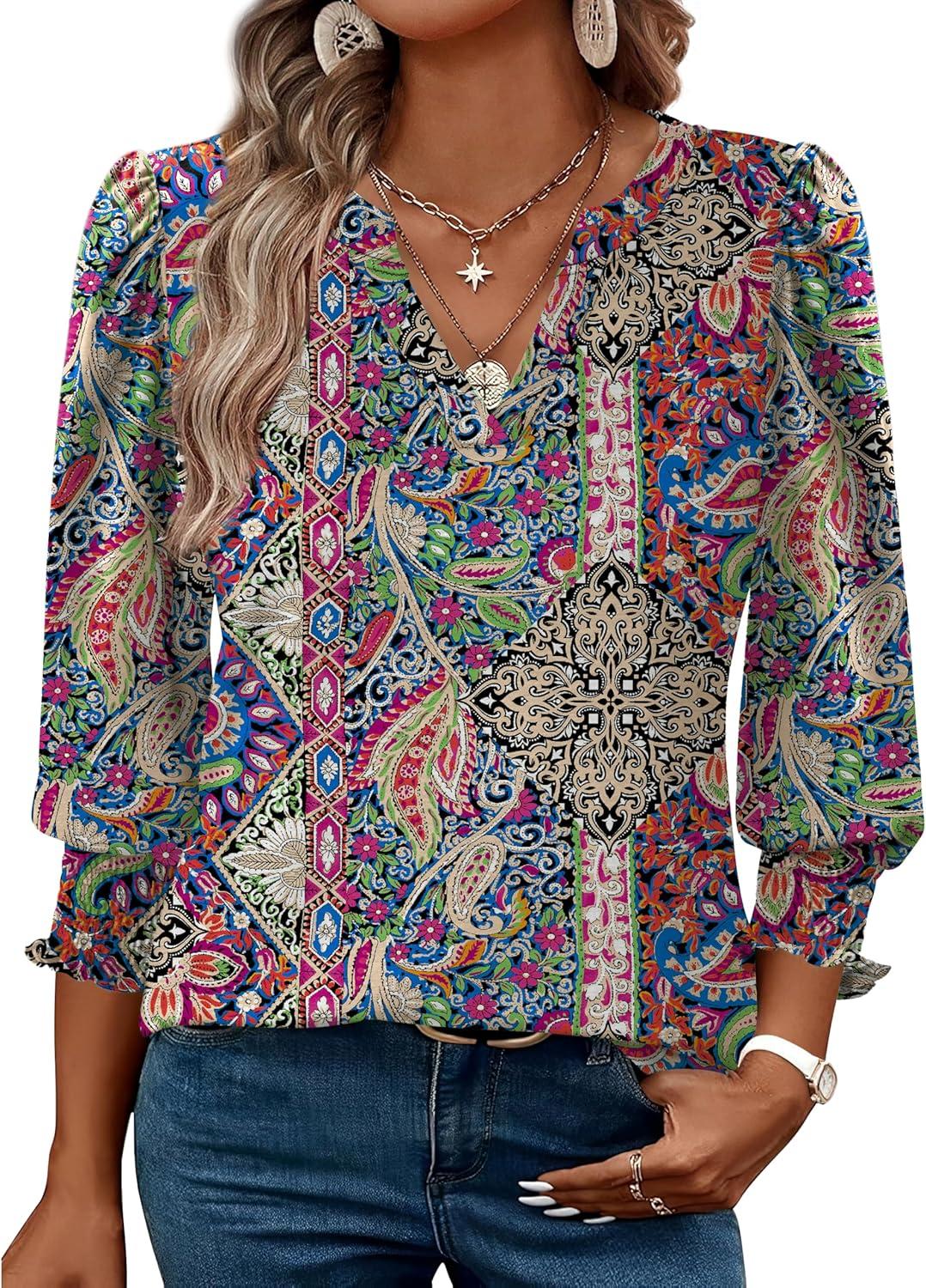 imageXIEERDUO Blouses for Women Dressy Casual 34 Length Sleeve Womens Tops V Neck T Shirts with Smocked CuffsIblue Red Pattern