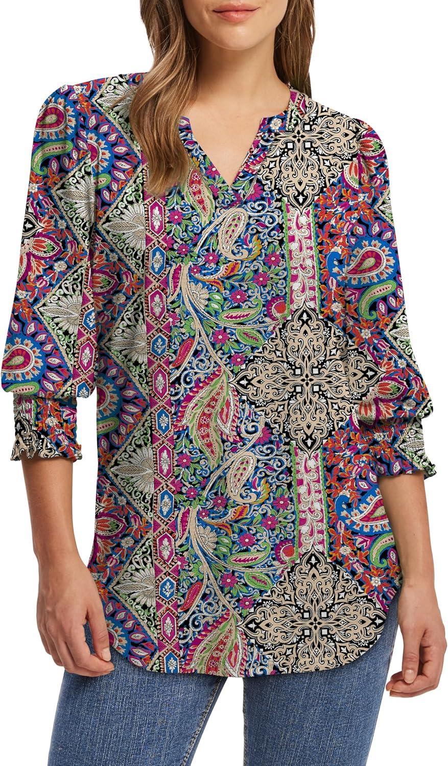 imageXIEERDUO Blouses for Women Dressy Casual 34 Length Sleeve Womens Tops V Neck T Shirts with Smocked CuffsIblue Red Pattern