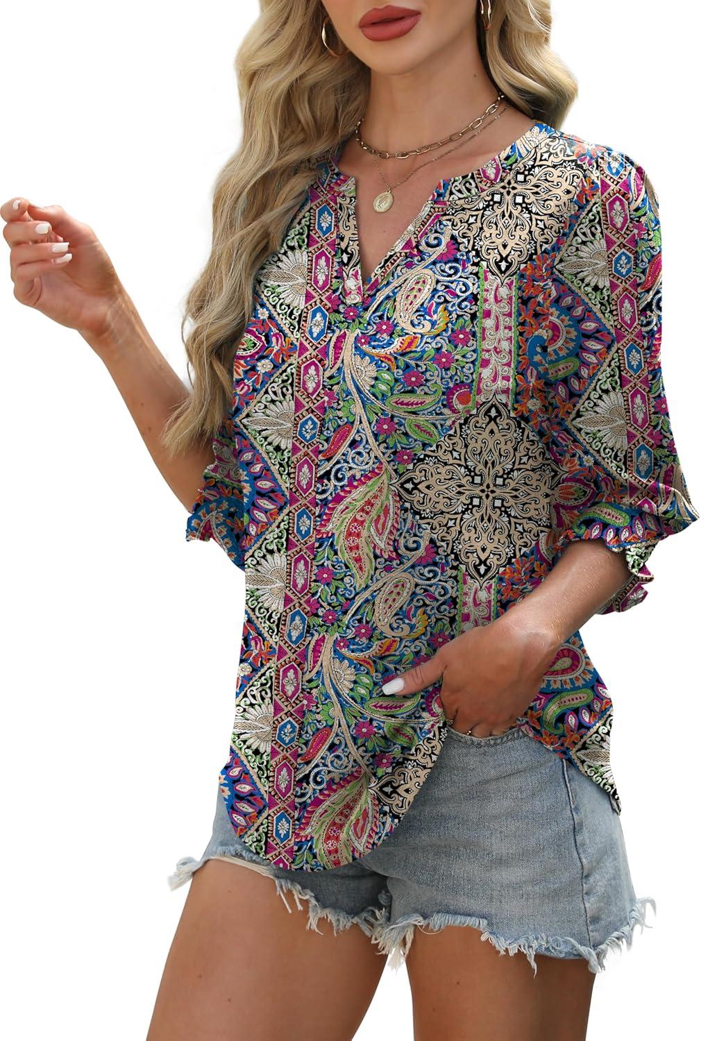 imageXIEERDUO Blouses for Women Dressy Casual 34 Length Sleeve Womens Tops V Neck T Shirts with Smocked CuffsIblue Red Pattern