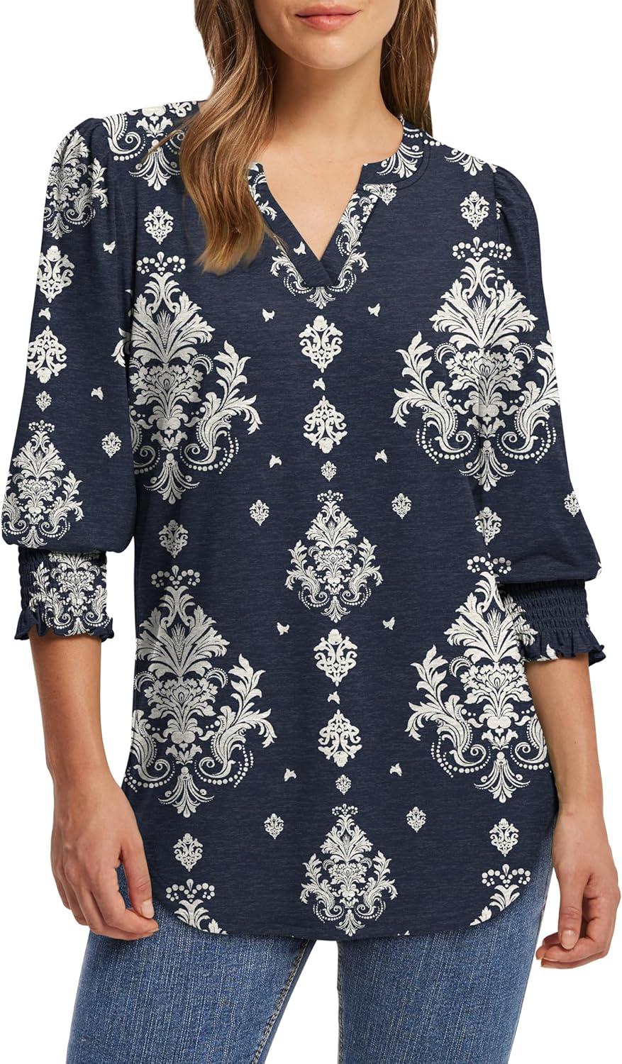 imageXIEERDUO Blouses for Women Dressy Casual 34 Length Sleeve Womens Tops V Neck T Shirts with Smocked CuffsMnavy Blue Pattern