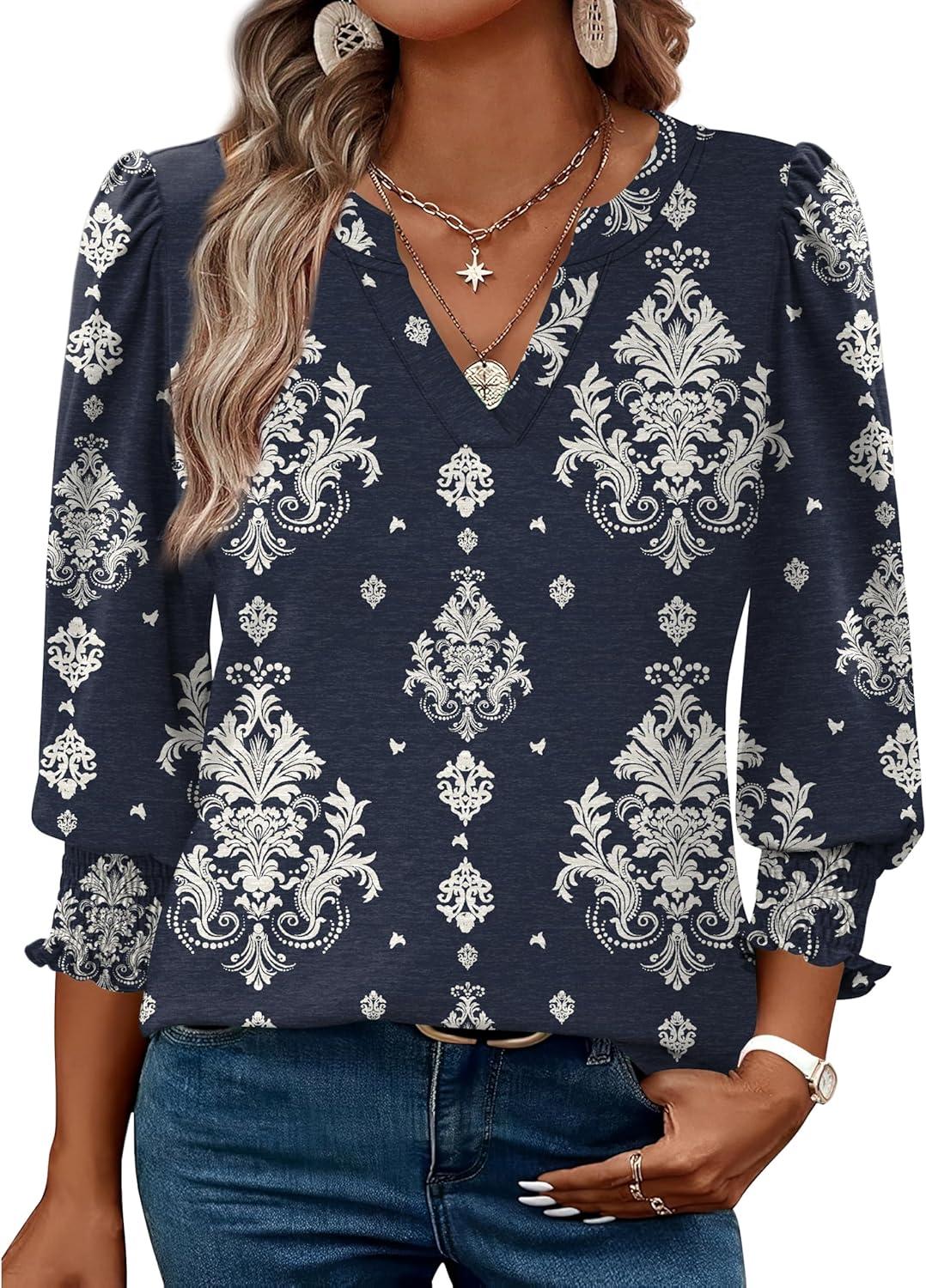 imageXIEERDUO Blouses for Women Dressy Casual 34 Length Sleeve Womens Tops V Neck T Shirts with Smocked CuffsMnavy Blue Pattern