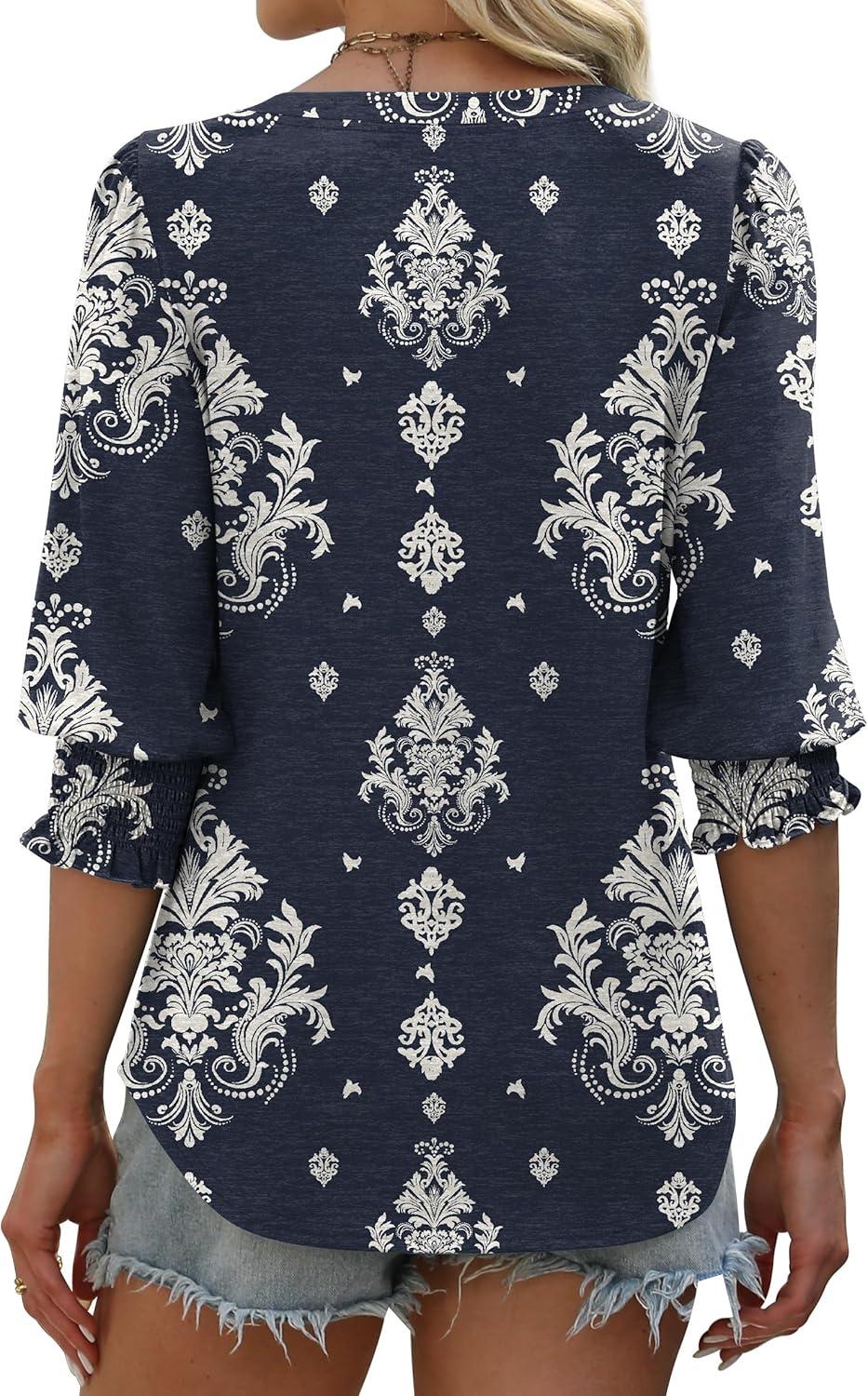 imageXIEERDUO Blouses for Women Dressy Casual 34 Length Sleeve Womens Tops V Neck T Shirts with Smocked CuffsMnavy Blue Pattern