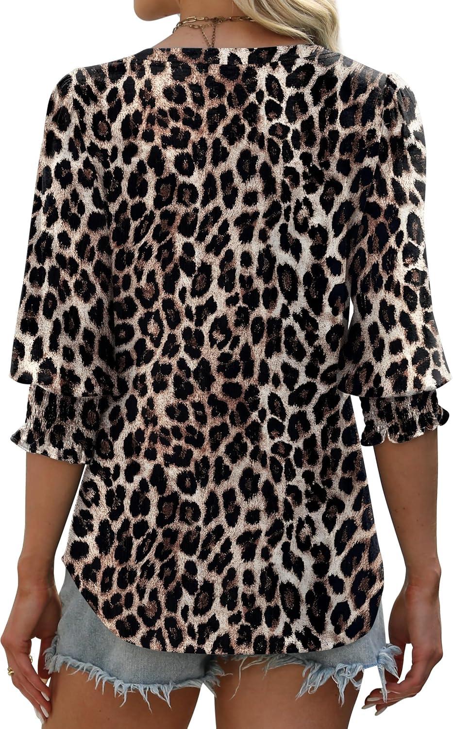 imageXIEERDUO Blouses for Women Dressy Casual 34 Length Sleeve Womens Tops V Neck T Shirts with Smocked CuffsNleopard