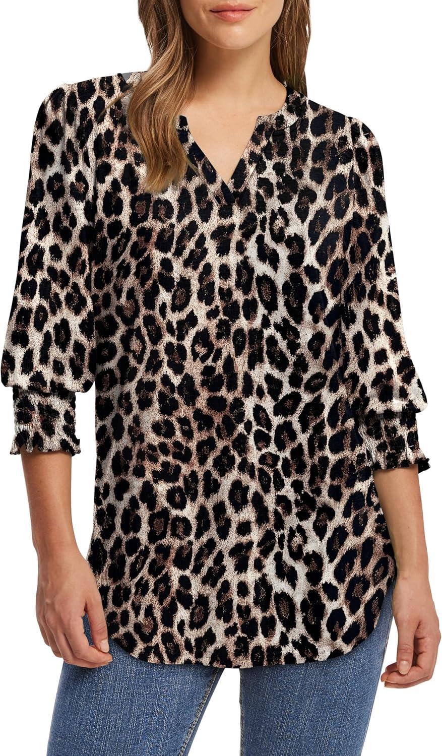 imageXIEERDUO Blouses for Women Dressy Casual 34 Length Sleeve Womens Tops V Neck T Shirts with Smocked CuffsNleopard