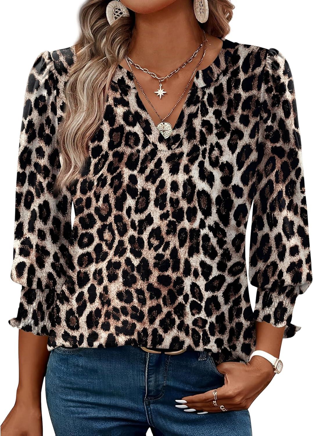 imageXIEERDUO Blouses for Women Dressy Casual 34 Length Sleeve Womens Tops V Neck T Shirts with Smocked CuffsNleopard