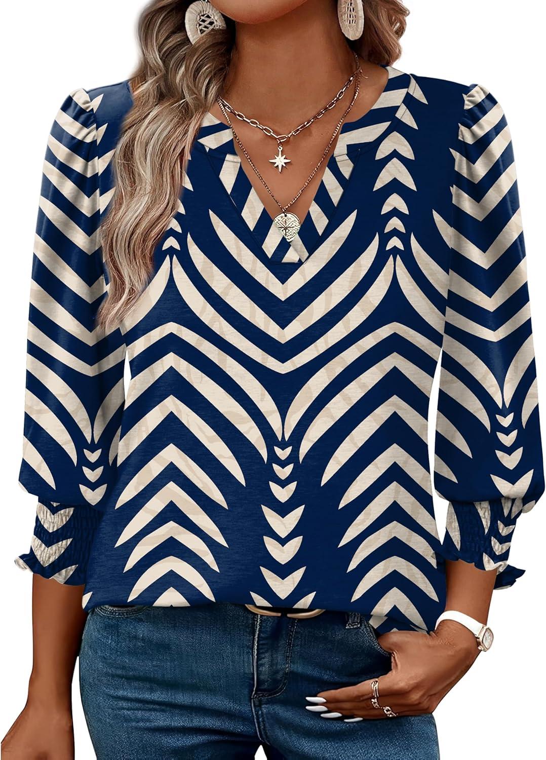imageXIEERDUO Blouses for Women Dressy Casual 34 Length Sleeve Womens Tops V Neck T Shirts with Smocked CuffsRnavy Blue Stripes